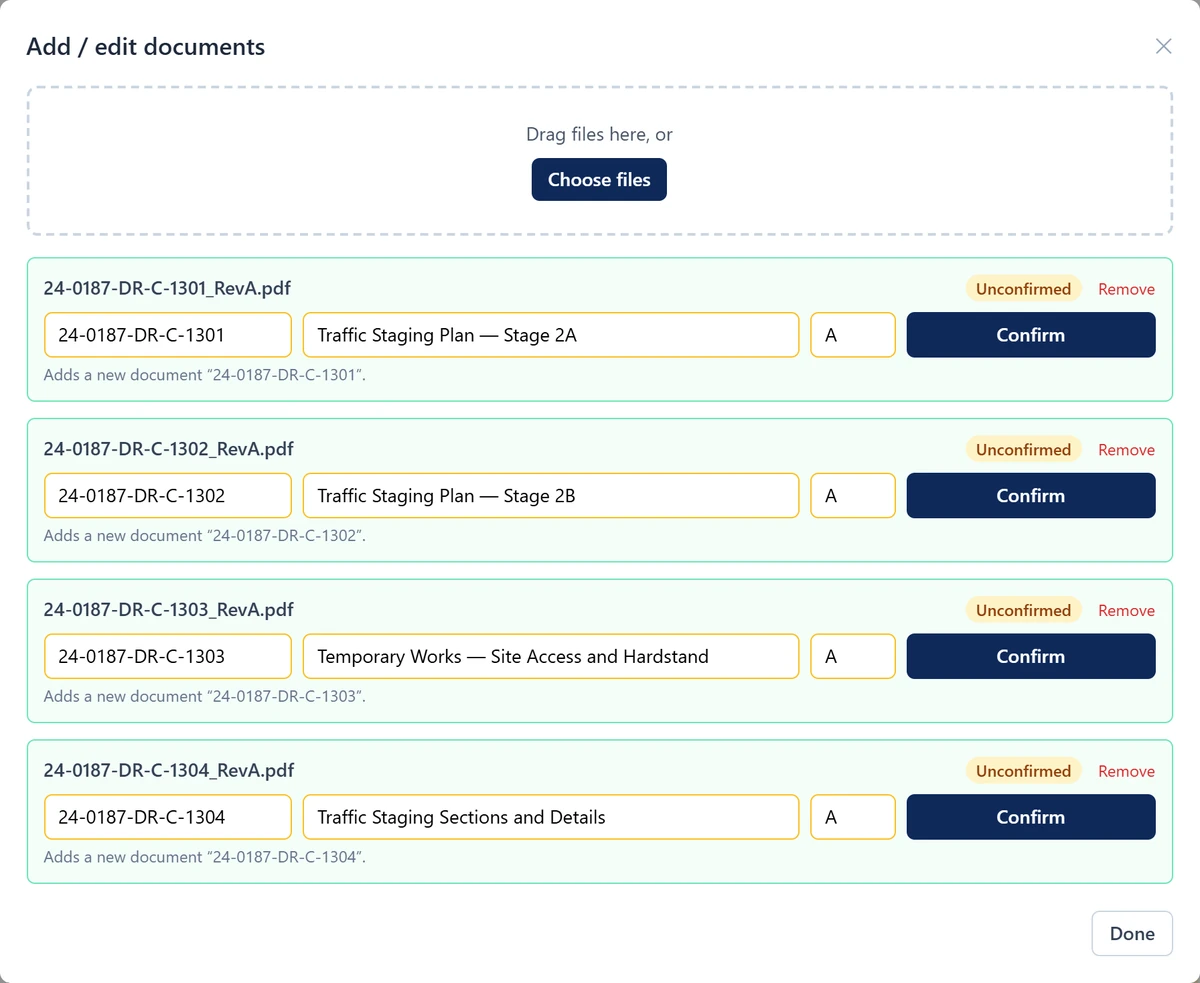 The add-documents dialog in Fluvial, with the document number, name and revision of each uploaded drawing already filled in from its title block and awaiting confirmation.