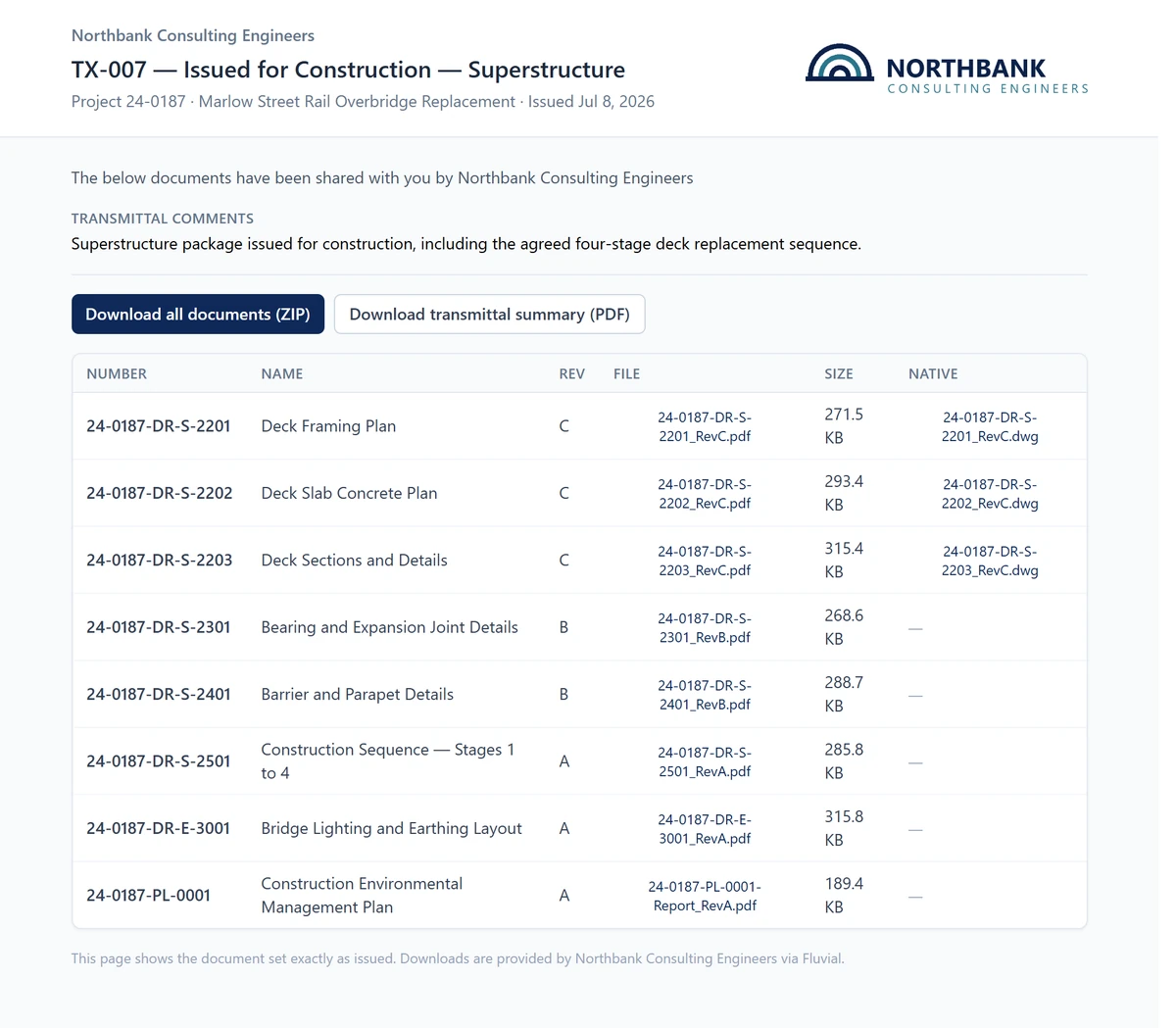 The public transmittal portal as a recipient sees it, listing the issued documents with revisions, file sizes and download links.